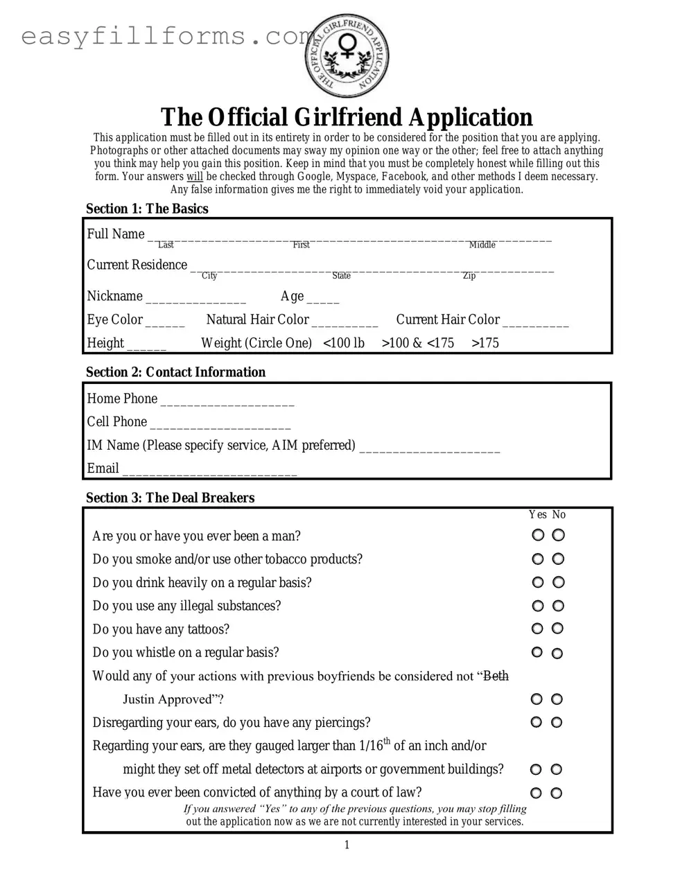 Printable Girlfriend Application Form