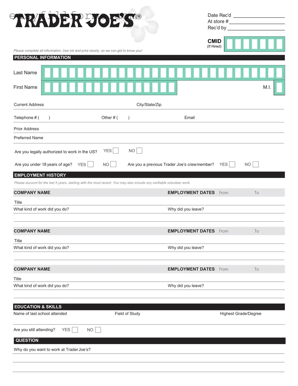 Printable Trader Joe's application Form