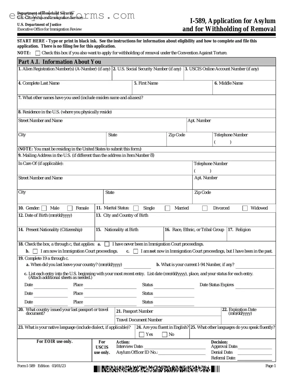 Printable USCIS I-589 Form