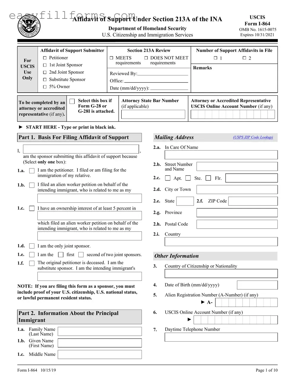 Printable USCIS I-864 Form