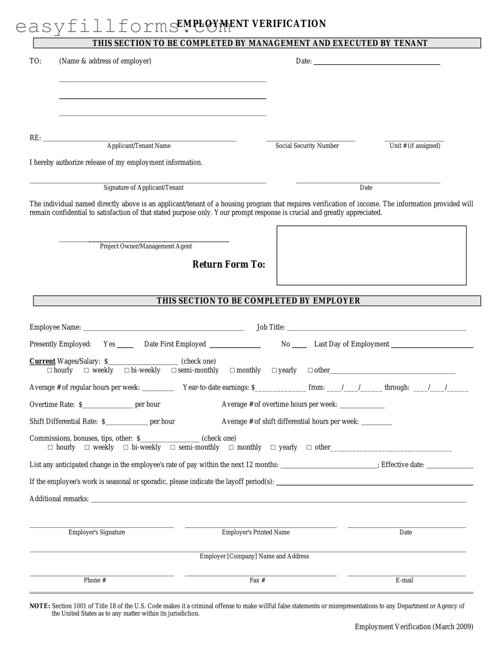 Printable Employment verification form Form