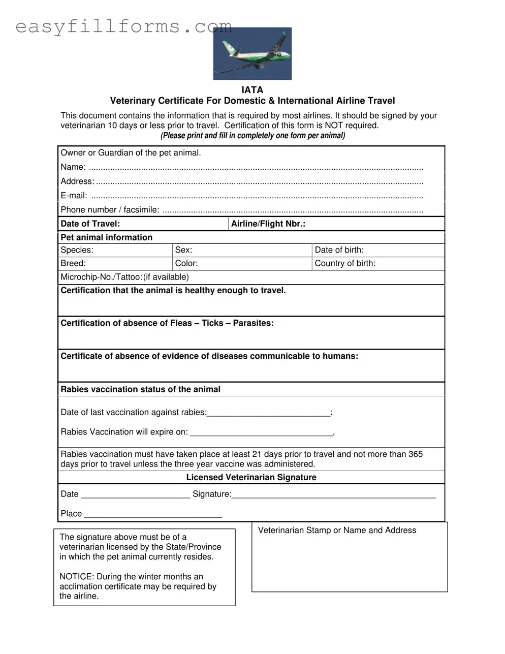 Printable Veterinary Certificate Travel Form