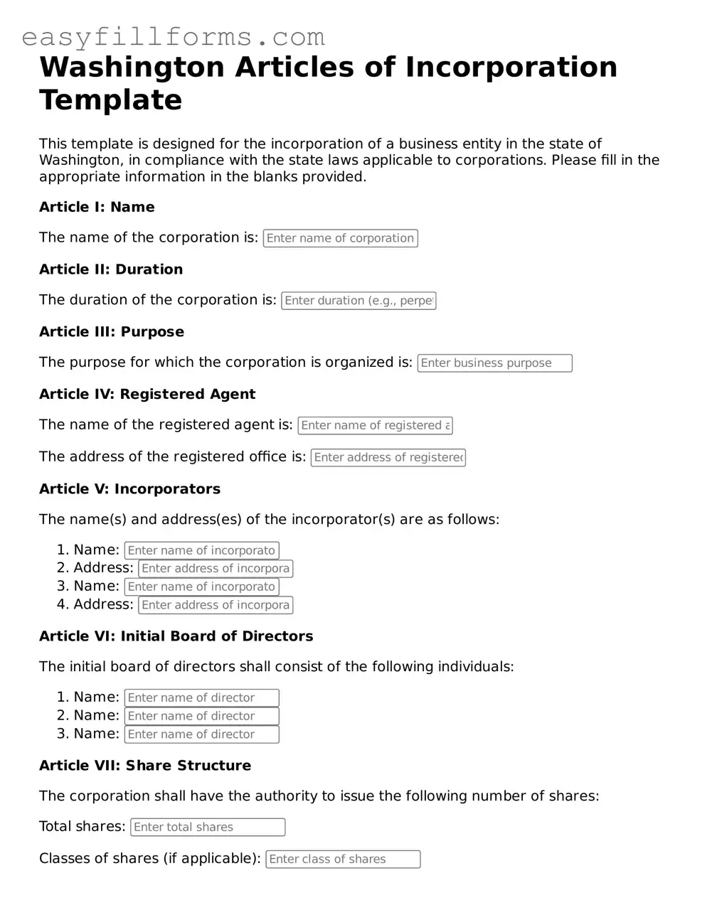 Valid  Articles of Incorporation Template for Washington