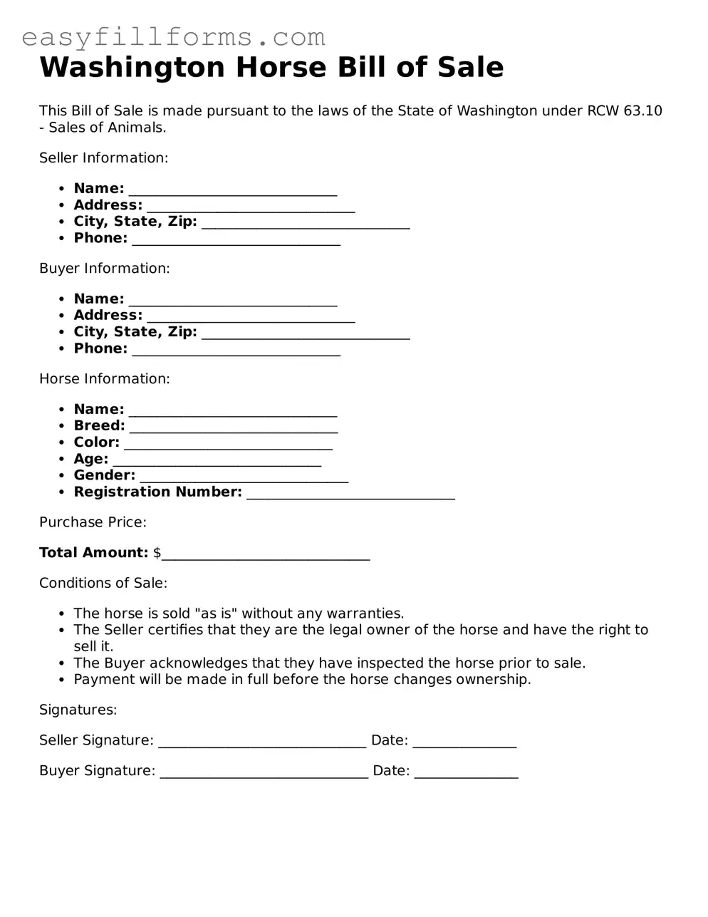 Valid  Horse Bill of Sale Template for Washington
