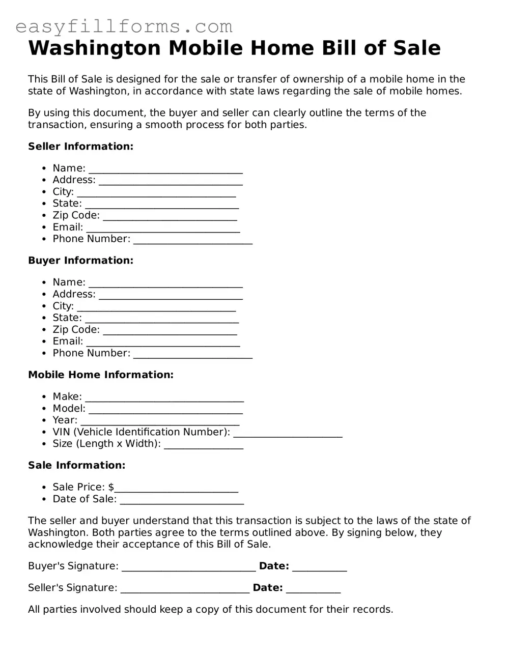 Valid  Mobile Home Bill of Sale Template for Washington