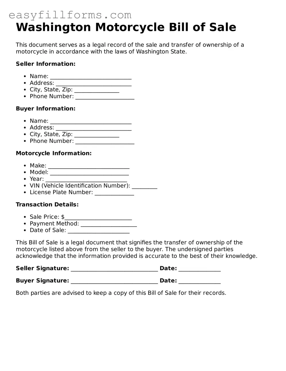 Valid  Motorcycle Bill of Sale Template for Washington