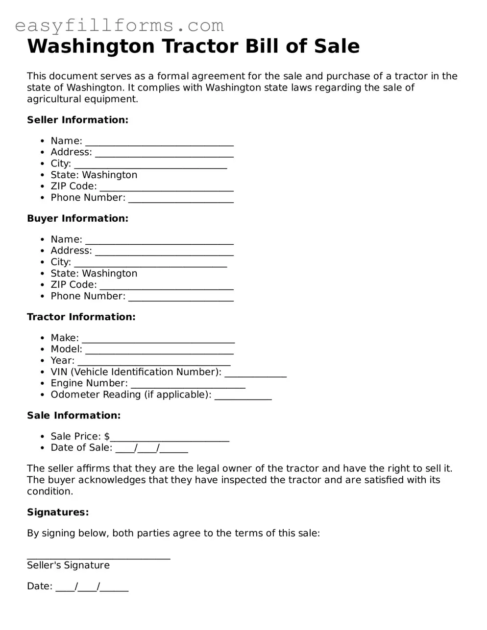 Valid  Tractor Bill of Sale Template for Washington