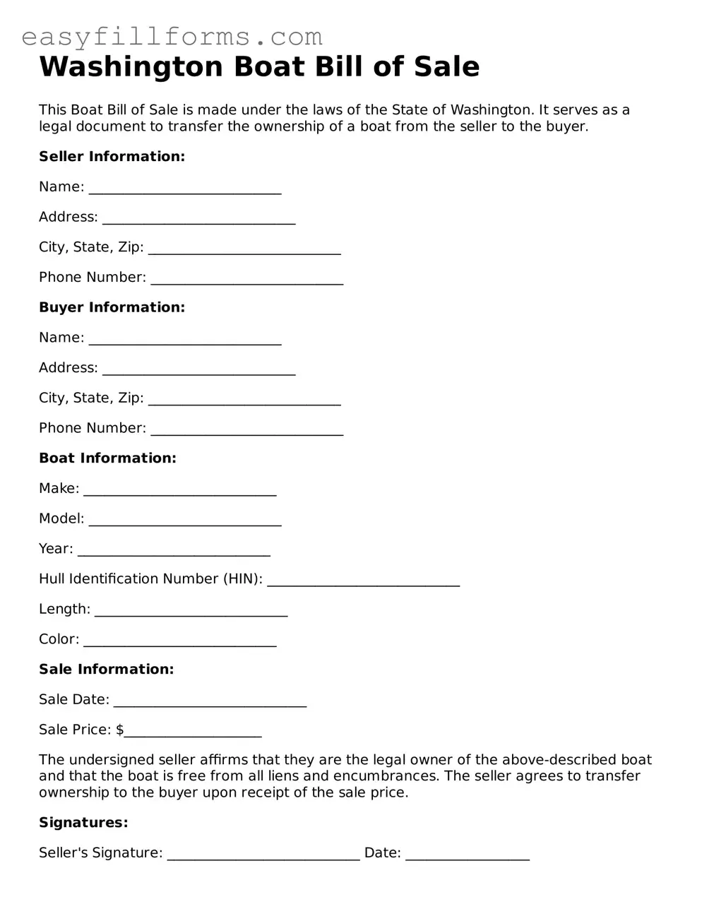 Valid  Boat Bill of Sale Template for Washington
