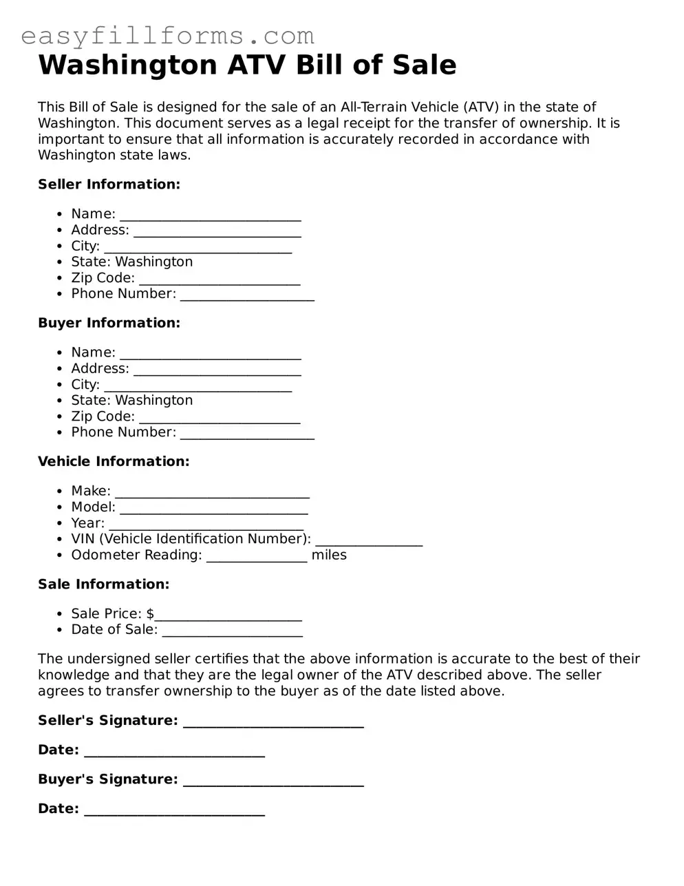 Valid  ATV Bill of Sale Template for Washington
