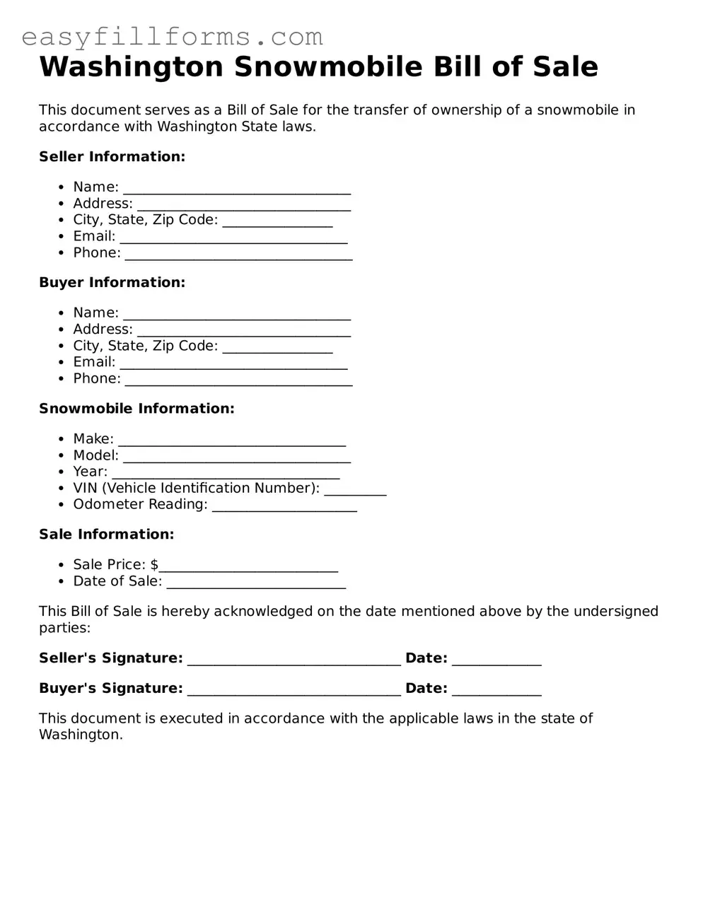 Valid  Snowmobile Bill of Sale Template for Washington