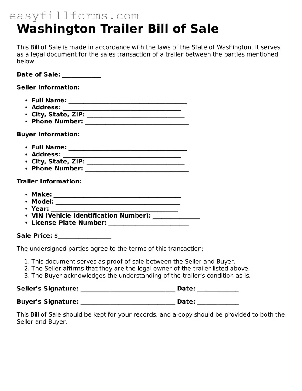 Valid  Trailer Bill of Sale Template for Washington