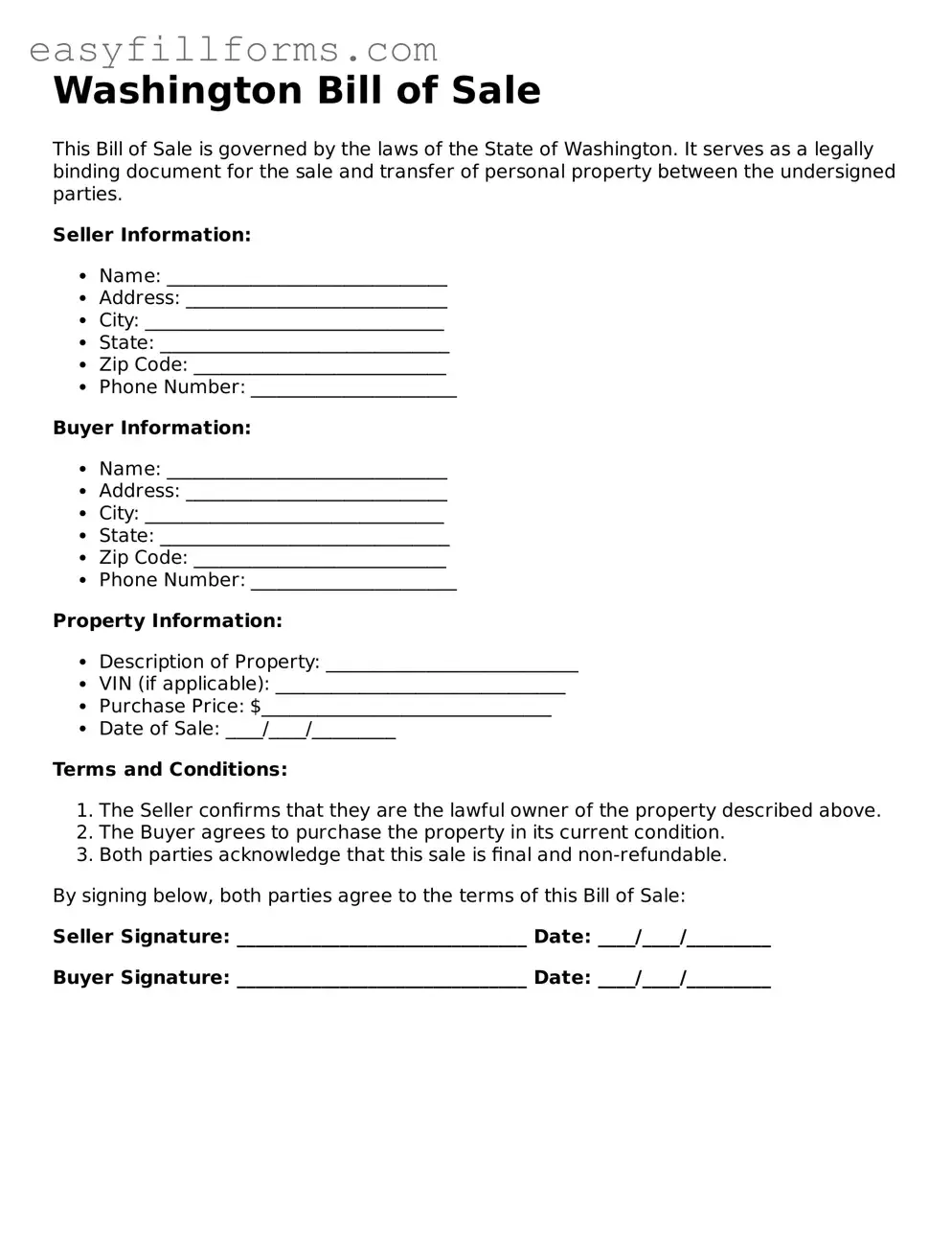 Valid  Bill of Sale Template for Washington