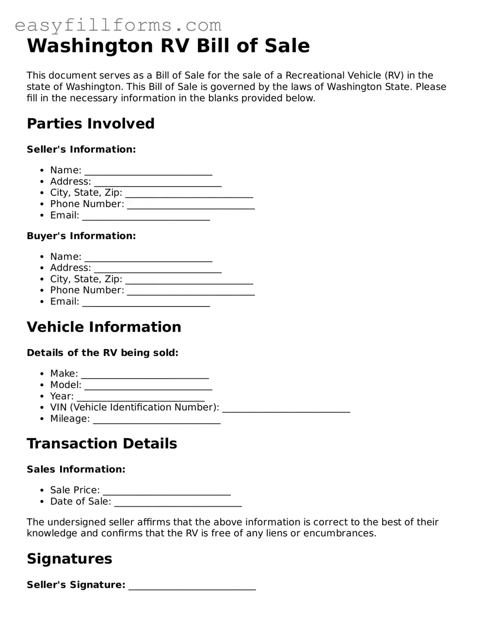 Valid  RV Bill of Sale Template for Washington