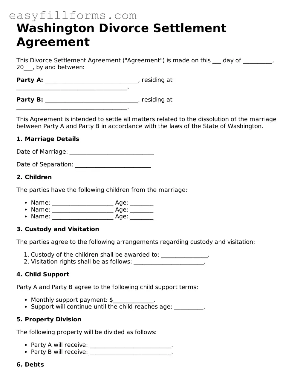 Valid  Divorce Settlement Agreement Template for Washington