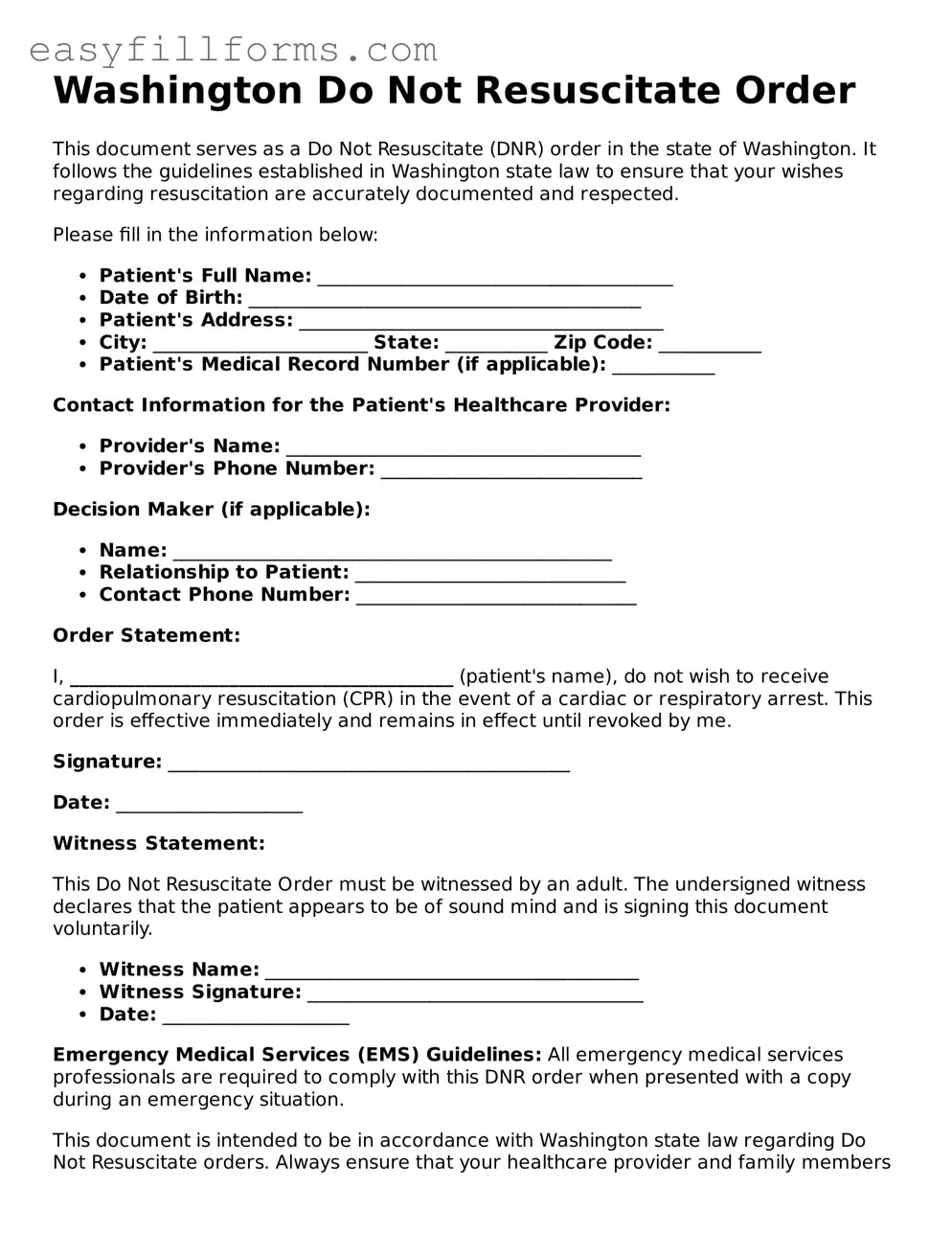 Valid  Do Not Resuscitate Order Template for Washington