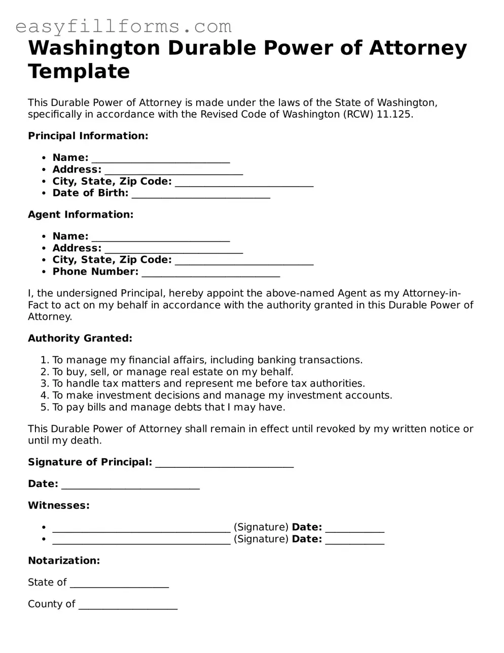 Valid  Durable Power of Attorney Template for Washington
