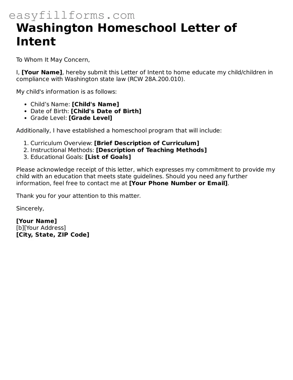 Valid  Homeschool Letter of Intent Template for Washington