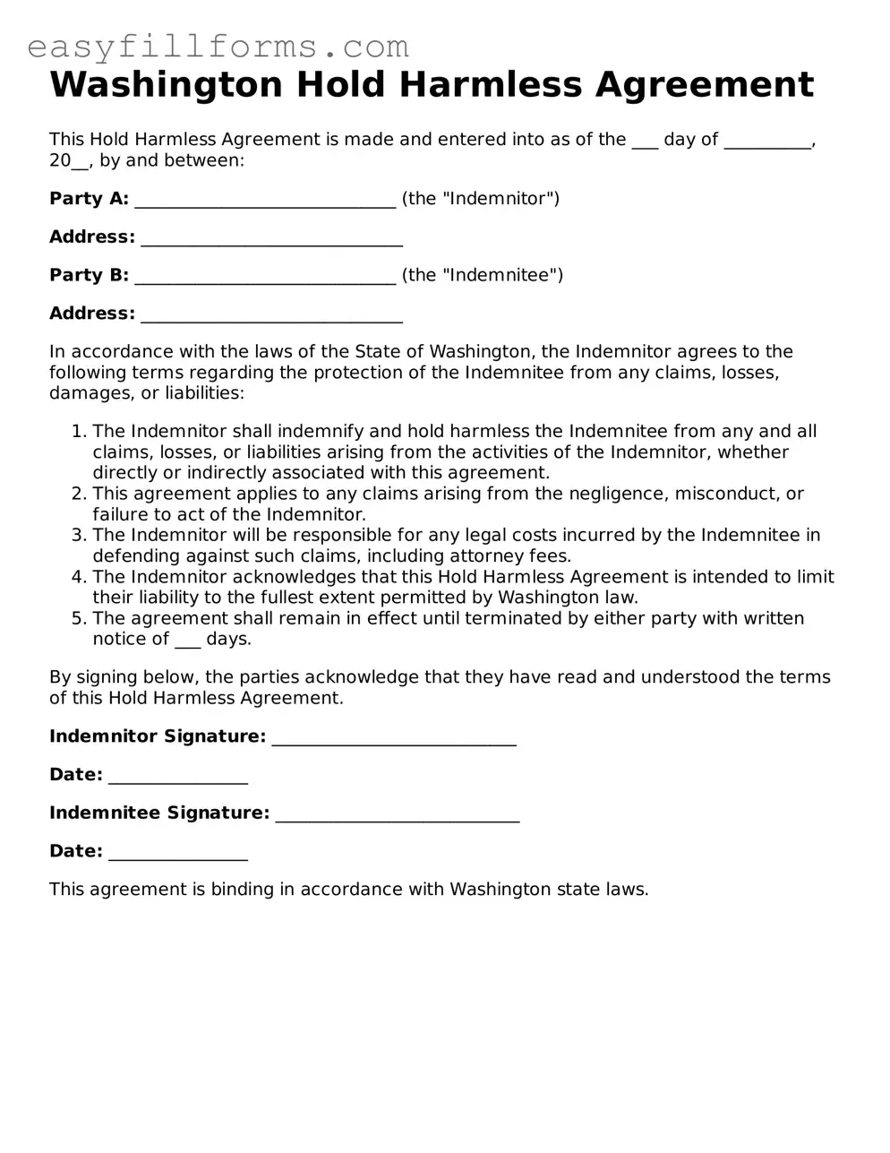 Valid  Hold Harmless Agreement Template for Washington