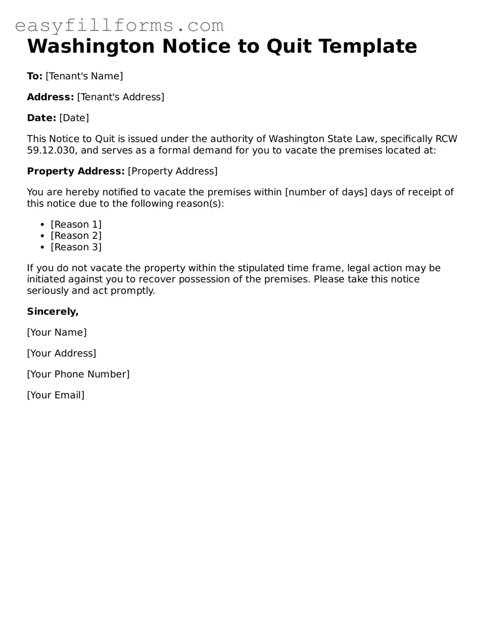Valid  Notice to Quit Template for Washington