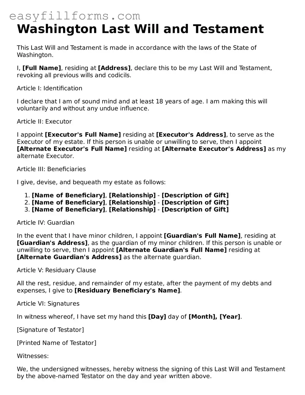 Valid  Last Will and Testament Template for Washington