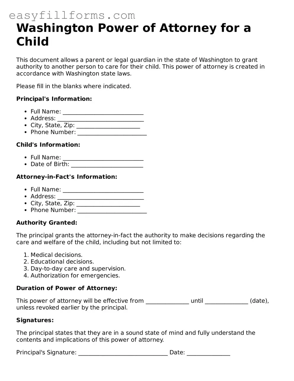 Valid  Power of Attorney for a Child Template for Washington