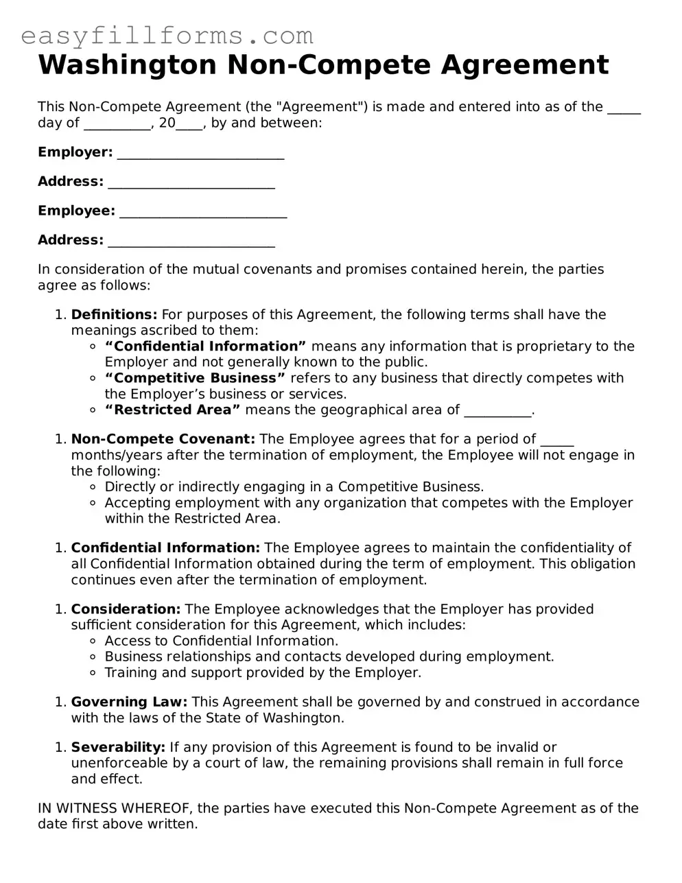 Valid  Non-compete Agreement Template for Washington