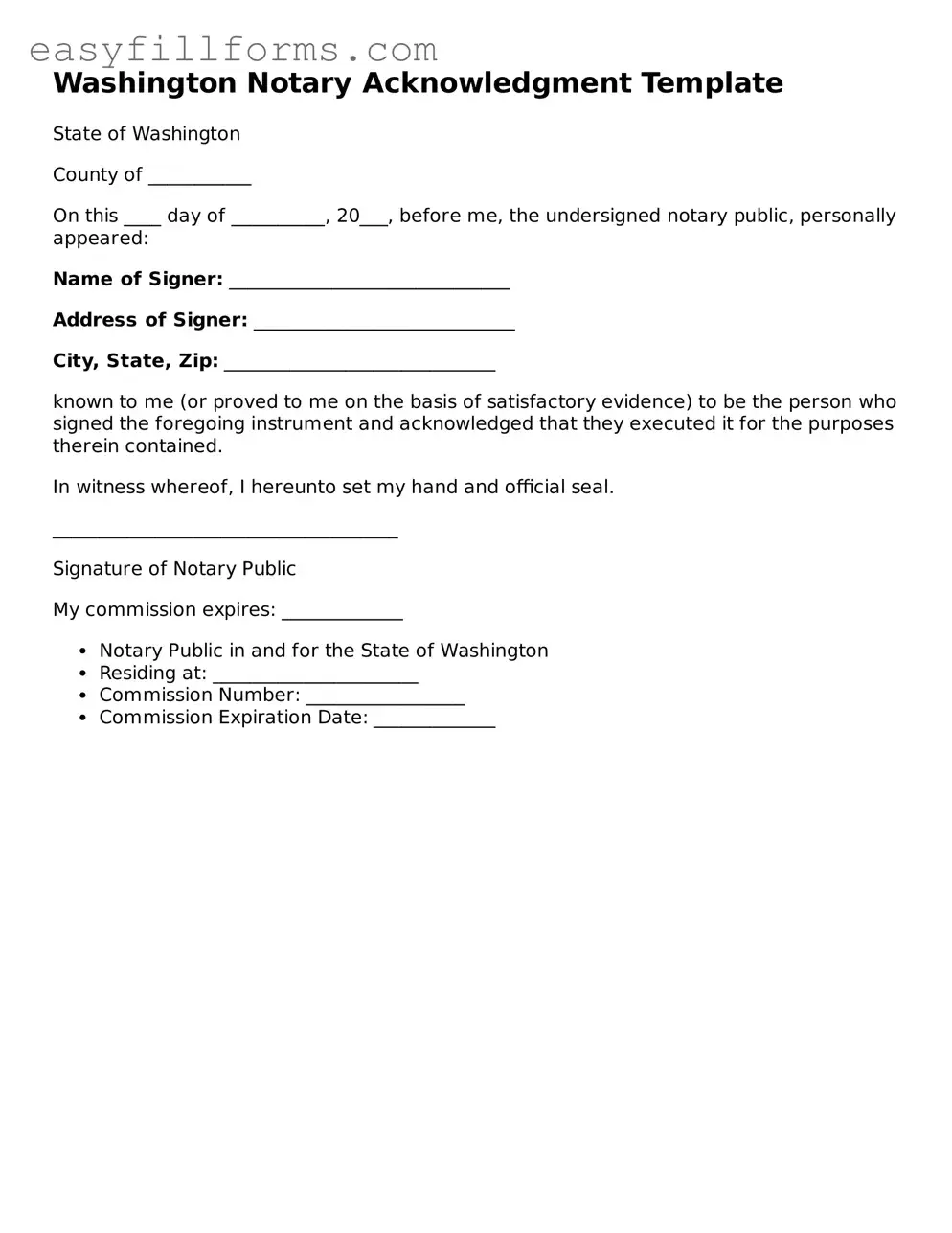 Valid  Notary Acknowledgement Template for Washington