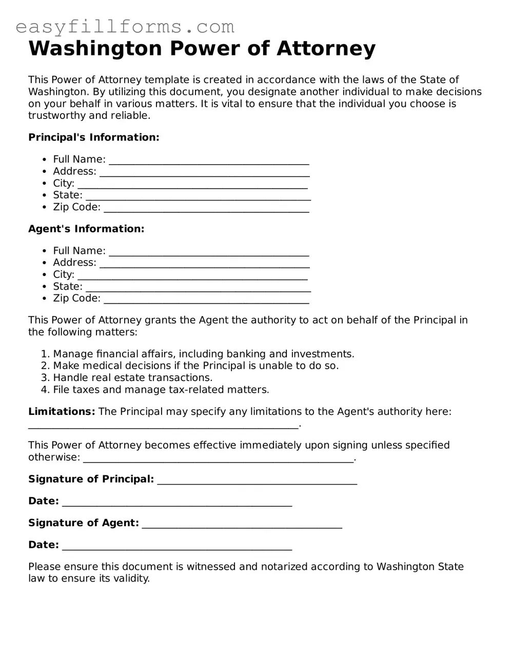 Valid  Power of Attorney Template for Washington