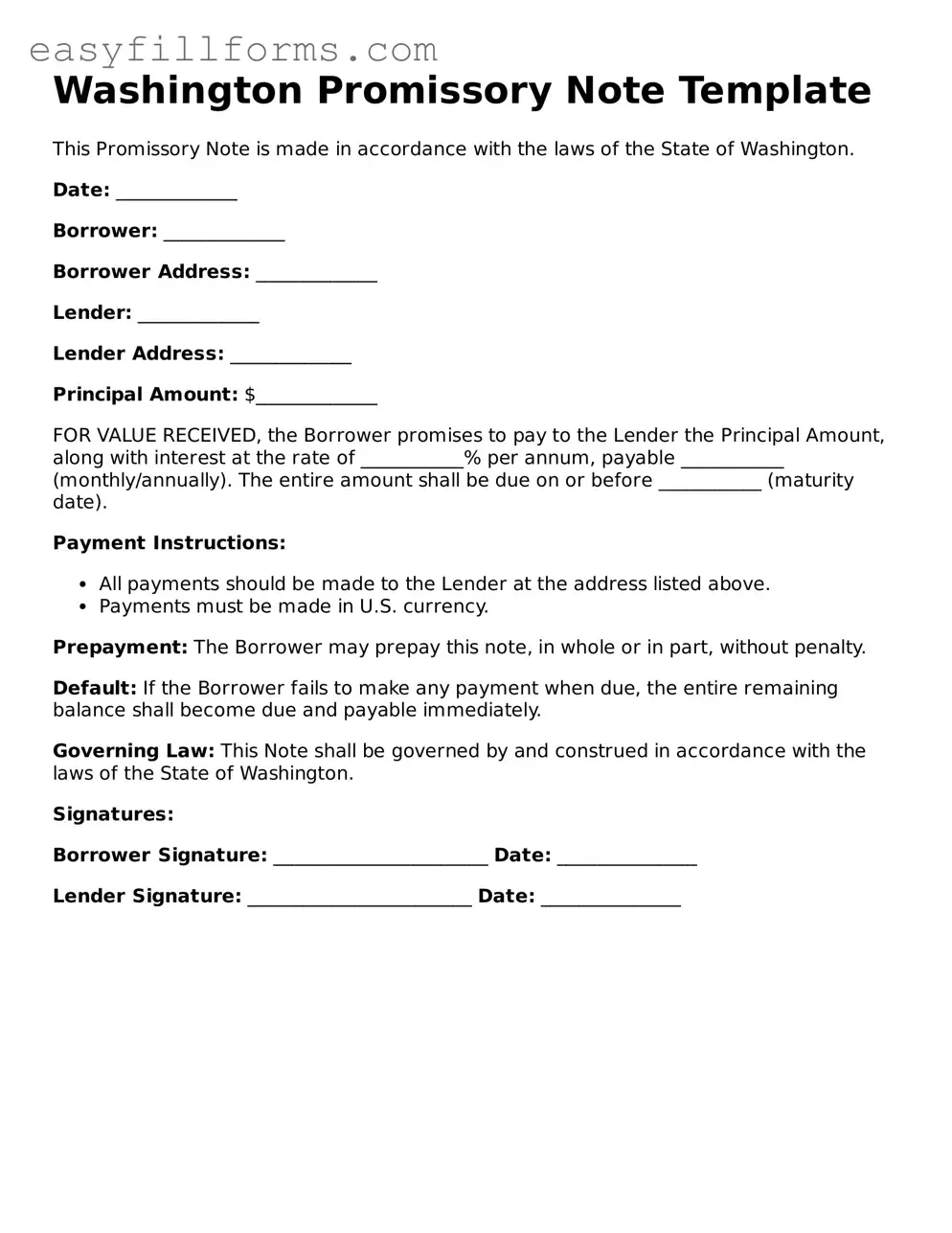 Valid  Promissory Note Template for Washington