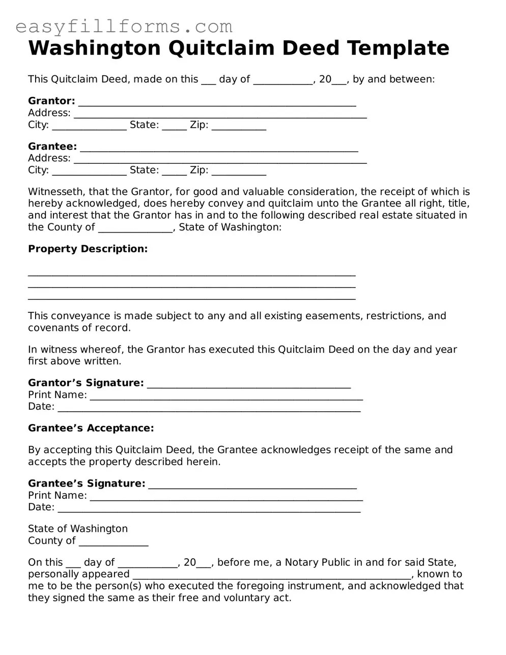 Valid  Quitclaim Deed Template for Washington