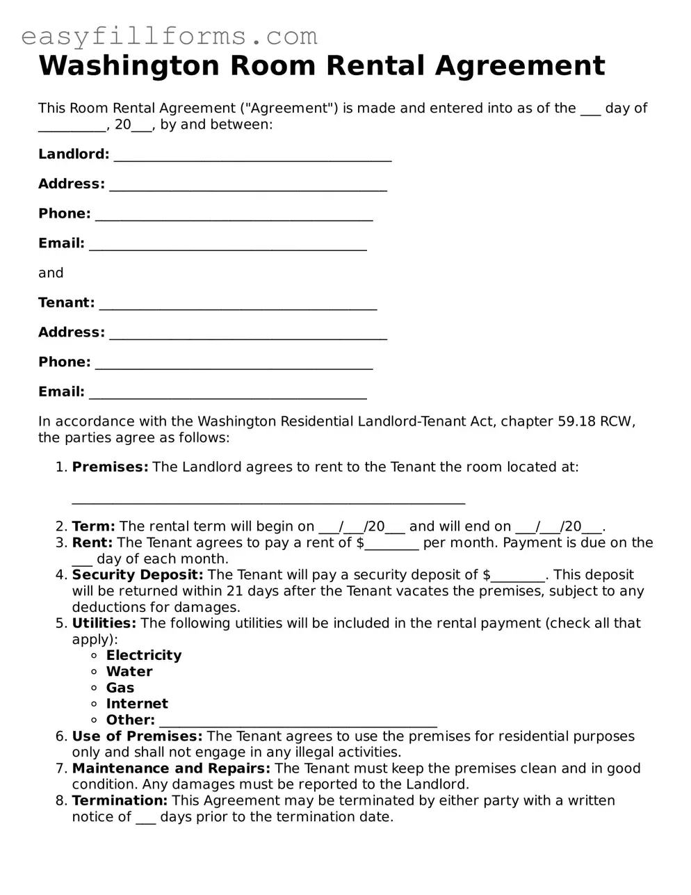 Valid  Room Rental Agreement Template for Washington