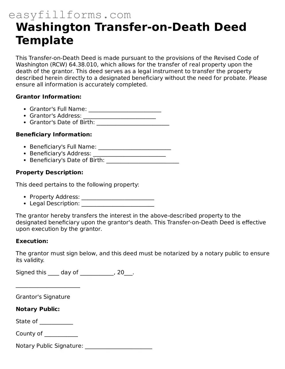 Valid  Transfer-on-Death Deed Template for Washington