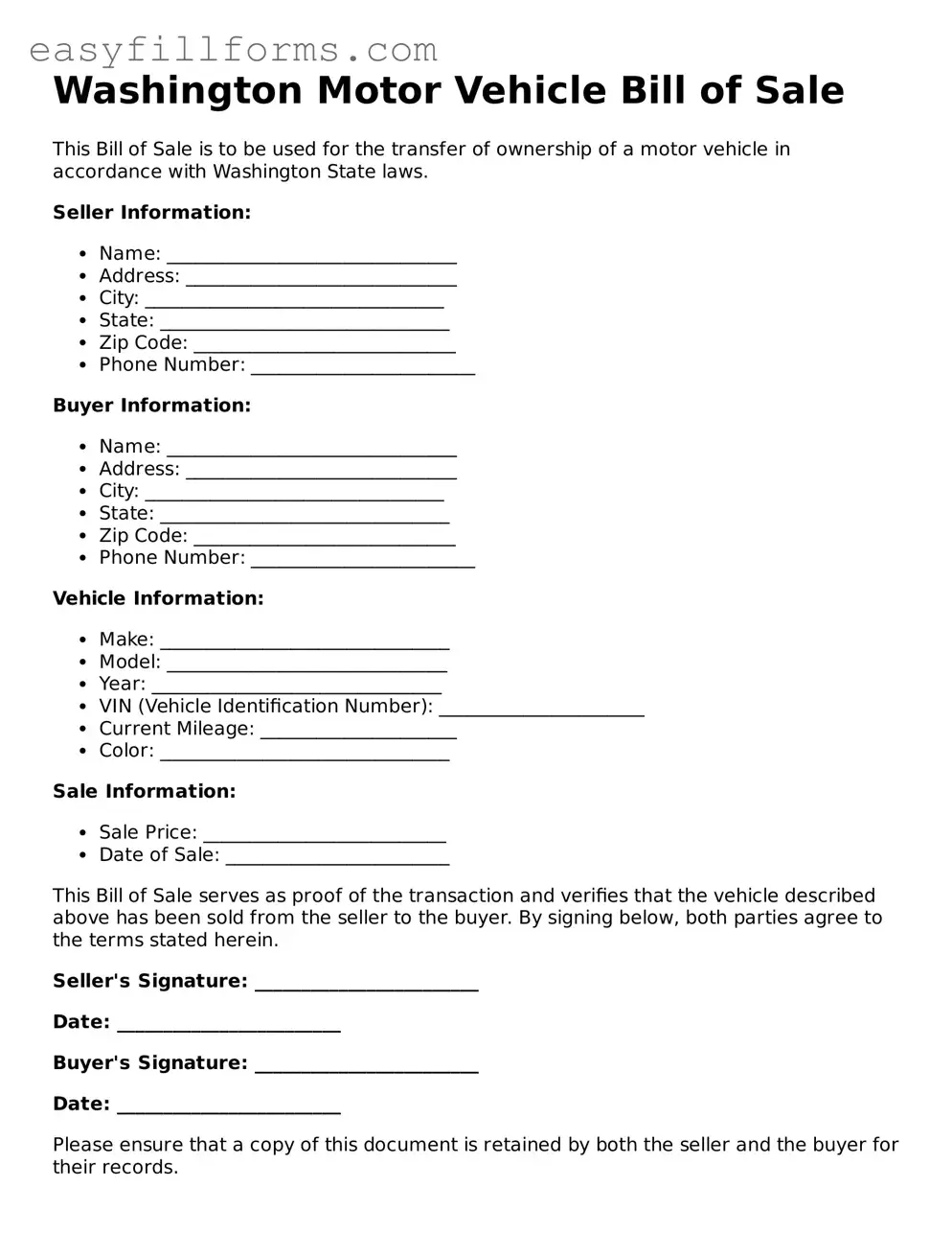 Valid  Motor Vehicle Bill of Sale Template for Washington