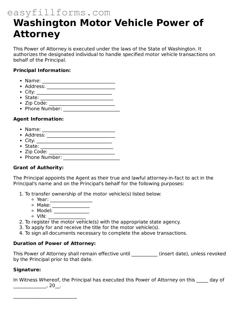 Valid  Motor Vehicle Power of Attorney Template for Washington