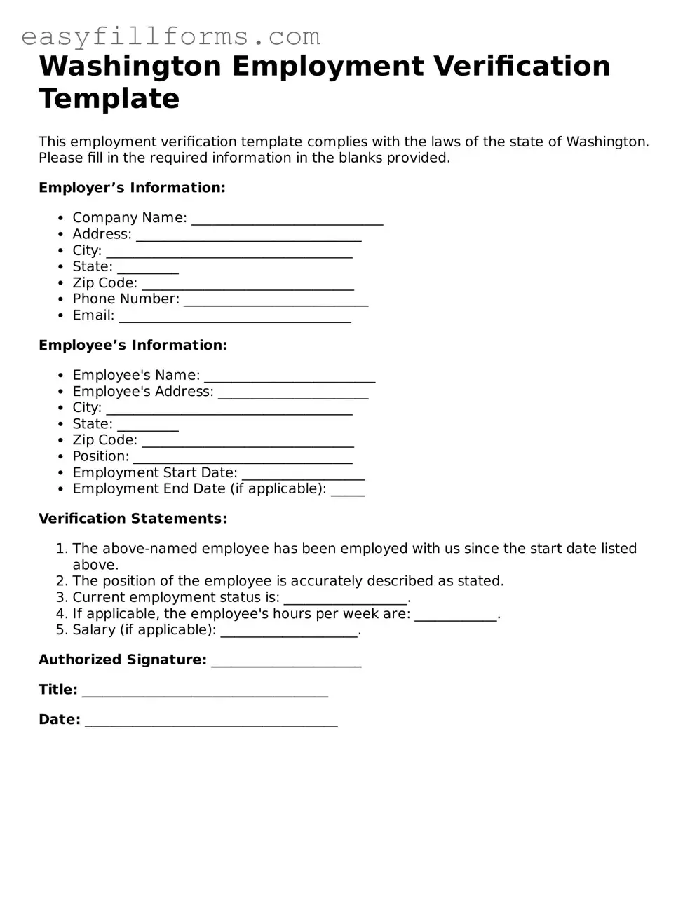 Valid  Employment Verification Template for Washington