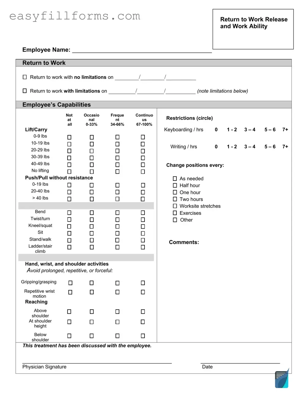 Printable Work Release Form