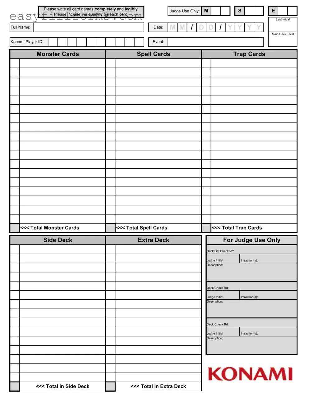 Printable Konami Decklist Form